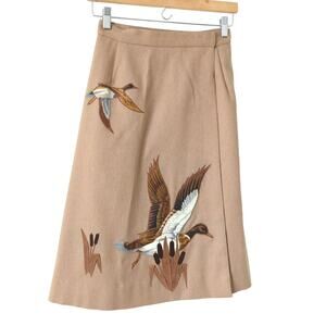VTG Knee Length Skirt 6 Ducks Hunting Birds Mallard Brown Midi Princess Diana